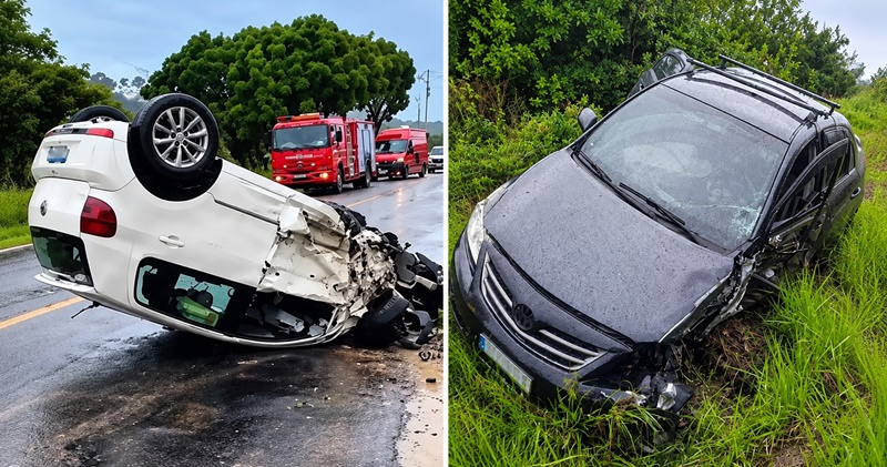 CARRO CAPOTA APÓS BATIDA E HOMEM E CRIANÇA DE 6 ANOS FICAM FERIDOS