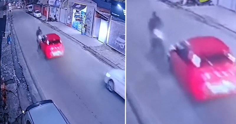 MOTOCICLISTA É ARREMESSADO POR VÁRIOS METROS APÓS SER ATINGIDO POR CARRO