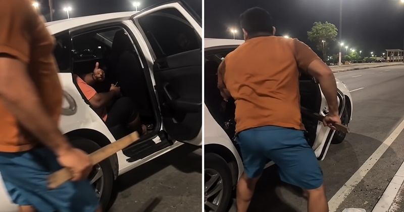 A DELICADEZA ACABOU? MOTORISTA DE APP PEGA PEDAÇO DE PAU E TENTA RETIRAR PASSAGEIRO DO CARRO